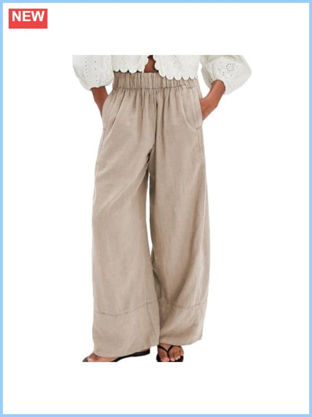 Wide Leg Cotton Linen Lounge Pants for Women, Elastic Waist, Casual